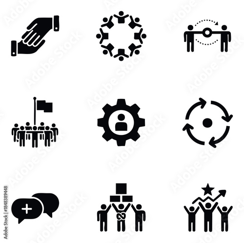 Teamwork collaboration and growth concepts represented by diverse business and teamwork icons useful for corporate presentations and strategy planning