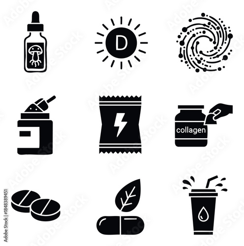 Collection of health and wellness icons including mushroom drops, vitamin D sun, collagen supplement, capsule, tablets, energy packet, and drink for supplement and healthcare concepts