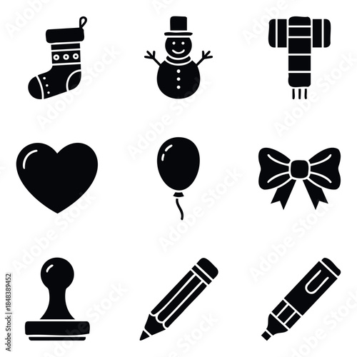 Collection of nine festive and everyday glyph icons including a stocking, snowman, scarf, heart, balloon, bow, stamp, pencil, and marker for holiday or graphic use