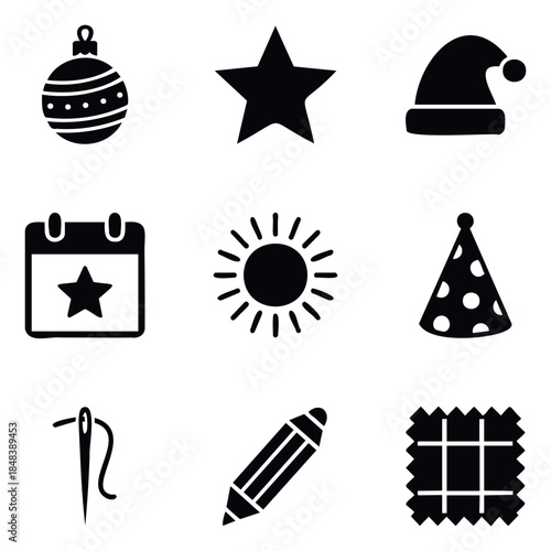 Collection of nine essential black and white icons representing holidays, education, crafting, and daily life, perfect for web or print applications.