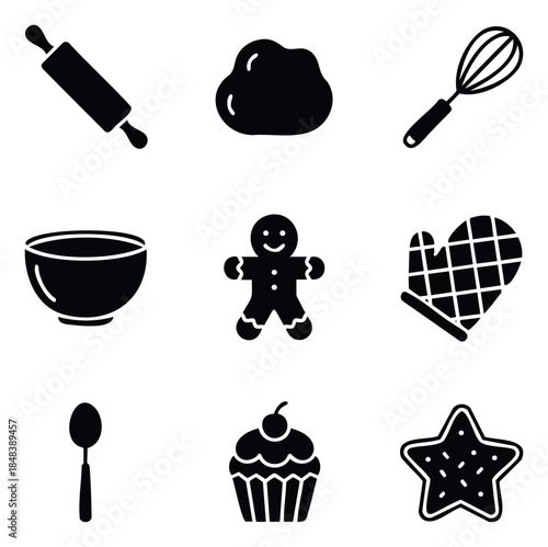Collection of baking and cooking icons featuring a rolling pin dough whisk bowl gingerbread man oven mitt spoon cupcake and star cookie for culinary themes