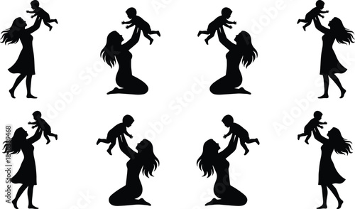 Mother and baby silhouettes in loving playful poses, parenting and motherhood bond concept, happy family moments, isolated black vector illustration for care, love, lifestyle design