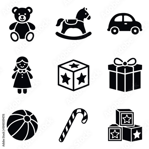 Collection of nine diverse childhood toy icons including a teddy bear, rocking horse, car, doll, gift box, ball, candy cane, and building blocks, perfect for play and learning themes.
