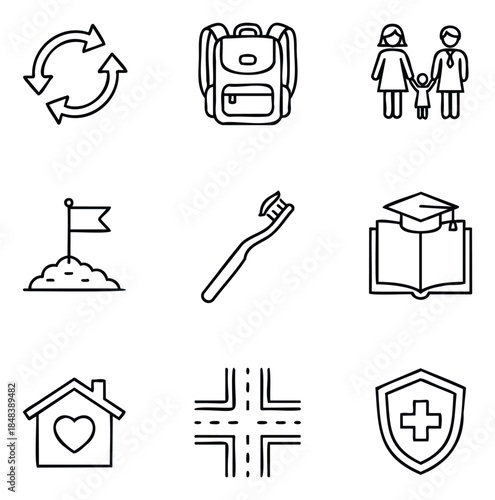 Set of nine simple line icons representing various concepts like family, education, health, and travel for use in presentations and websites.