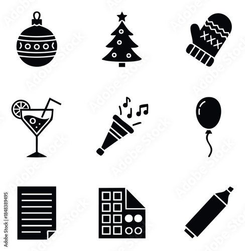 Collection of simple flat icons representing festive celebration and holiday symbols, perfect for event planning and seasonal marketing materials.