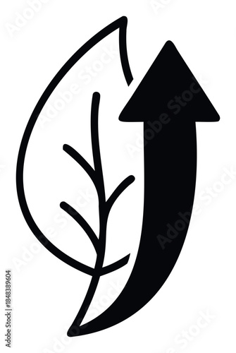 Black leaf icon with upward arrow signifying growth, progress, and environmental development for sustainable business and nature conservation in commercial media