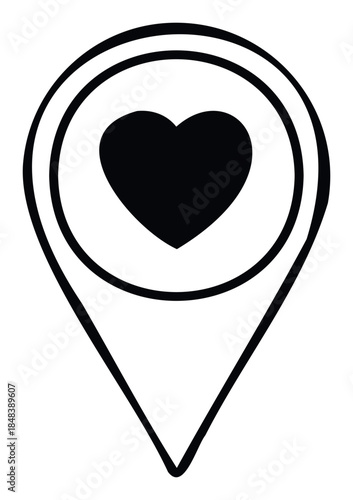 Simple black heart inside a location pin icon representing favorite places or beloved destinations for travel and romance applications