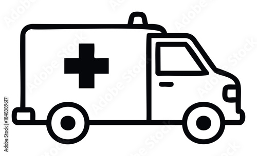 Simple outline icon of an ambulance vehicle with a medical cross symbol representing emergency services and healthcare transportation for medical assistance and transport.