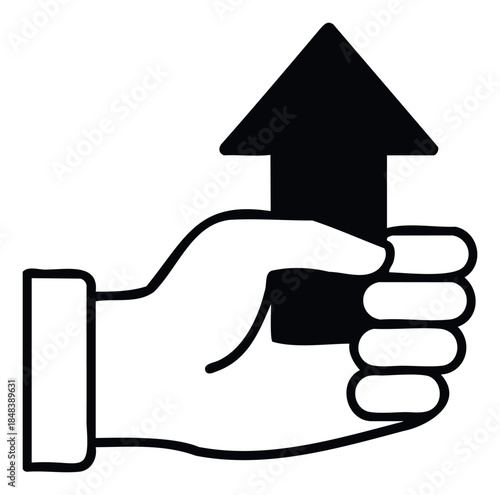 Hand firmly grips upward pointing arrow symbol signifying growth, progress, and success in business or personal achievement, perfect for motivational contexts.