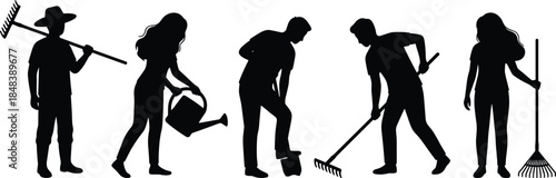 Gardening people silhouettes set, men and women working with rake shovel and watering can, outdoor landscaping and yard maintenance activities, isolated black vector illustration