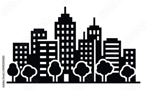 Black silhouette skyline with trees in a park, representing urban landscape and nature for city planning, real estate, or environmental themes.
