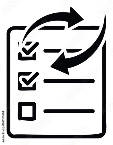 Checklist icon with circular arrows indicating completion or refresh, representing task management and workflow optimization for business and productivity purposes.
