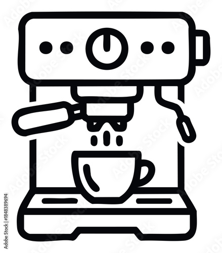 Modern black line icon representing an espresso machine brewing a hot cup of coffee for cafes, kitchens, and beverage services