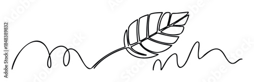 Minimalist single line drawing of a leaf with abstract wavy lines suggesting growth and movement, perfect for nature inspired branding and organic product promotion