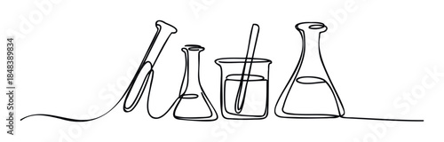 Minimalist line drawing collection of laboratory glassware including flasks and a beaker with stirring rod for scientific research and education concepts.