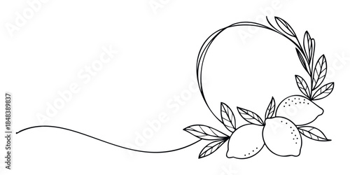Hand drawn line frame with lemons and leaves, perfect for invitations, greeting cards, or natural product branding with a fresh organic feel.