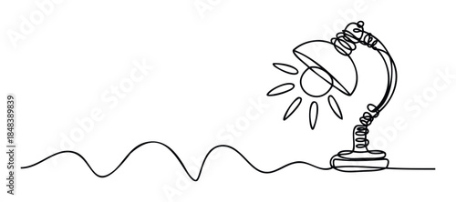 Minimalist line drawing of a desk lamp with radiating light on a wavy cord, perfect for concepts of creativity and illumination in modern office or study settings.