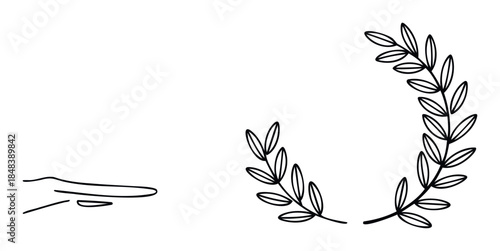 Minimalist line drawing of a hand pointing and a laurel wreath for awards or achievements, suitable for graphic design and celebratory themes.