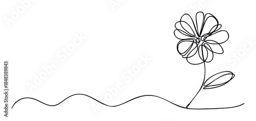 Minimalist single line drawing of a blooming flower with a wavy stem representing growth and nature, perfect for organic product branding and springtime promotions