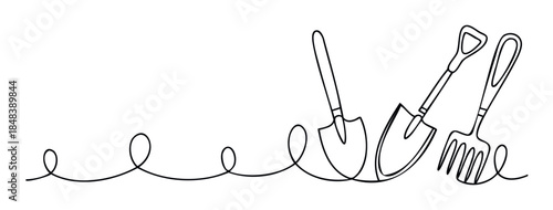 Continuous line drawing depicting gardening tools including a spade and fork, perfect for representing cultivation, agriculture, or outdoor hobbies in a minimalist style.