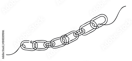 Continuous line drawing of a metal chain with connected links symbolizing connection and strength, perfect for use in business or security concepts.