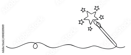 Magic wand made of thread with stars, symbolizing creativity and sewing, perfect for craft projects and design concepts.