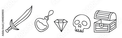 Pirate adventure elements including sword, potion bottle, diamond, skull and treasure chest for game or story creation