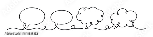 Hand drawn speech bubble shapes and thought clouds in a single continuous black line, perfect for graphic communication and creative projects.