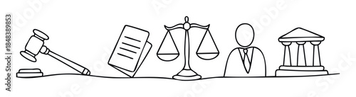 Legal concepts represented by icons including a gavel, documents, scales of justice, a lawyer, and a courthouse for law and justice themes