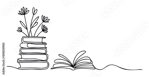 Minimalist line drawing of a stack of books with flowers and an open book, perfect for representing knowledge, education, and creativity for publishing or content creation projects.