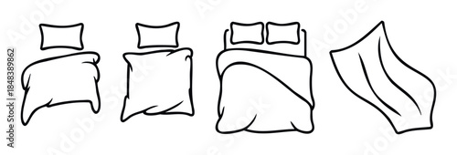 Set of outlined beds with pillows and blankets, perfect for hotel interior design concepts or bedding product visualizations
