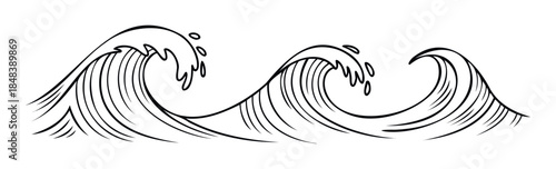 Dynamic ocean wave graphic with bold black lines, perfect for nautical themes, beach branding, and water sports promotions offering visual impact.