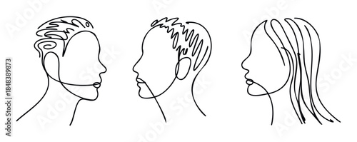 Minimalist continuous line profiles of diverse human faces representing psychology and mental health for wellness branding or community identity projects in modern corporate media