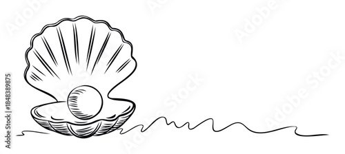 Black and white line art of a seashell cradling a luminous pearl, ideal for jewelry branding, ocean themes, or summer promotions.