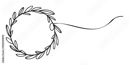 Elegant outline of a laurel wreath with a flowing ribbon for decorative use in graphic projects and wedding invitations