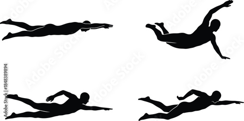 Athletic silhouette sequence performing flying and swimming style body movements isolated on white background representing motion strength agility fitness