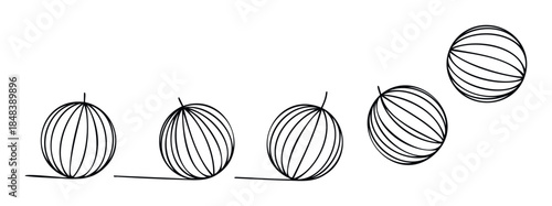 Five outlined balls with curved lines inside arranged in a line and scattered across the white background, perfect for various graphic applications.