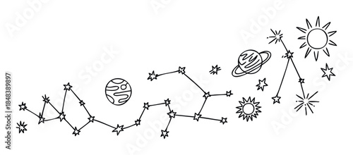Drawn constellations and celestial bodies including suns and planets for cosmic themes and astronomical concepts in a simple line drawing style.