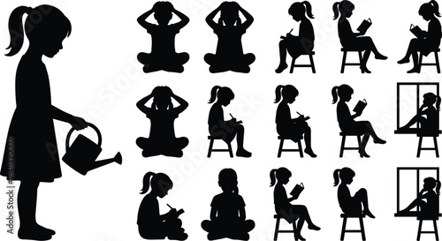 Little girl silhouette set showing multiple daily activities isolated on white background representing childhood education creativity learning play growth