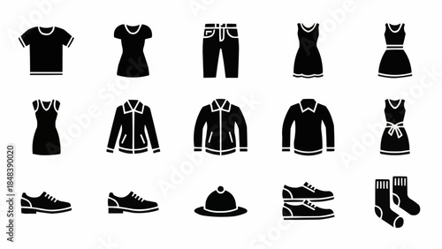 Collection of clothing and footwear icons for fashion and style.