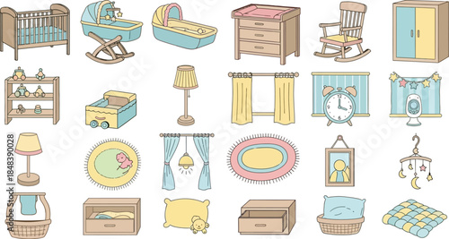 A collection of cartoon illustrations depicting various pieces of furniture and accessories for a baby nursery room
