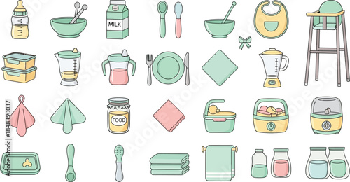 A comprehensive collection of cute baby feeding and care icons, including bottles, bibs, high chairs, and various utensils.