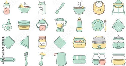 A comprehensive collection of baby feeding supplies and nursery items illustrated in a clean, pastel color palette for childcare and parenting concepts.