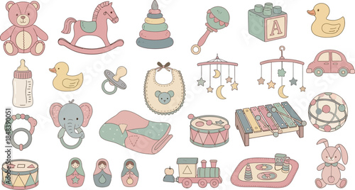 A large collection of cute baby toys and accessories illustration set in soft pastel colors on a white background