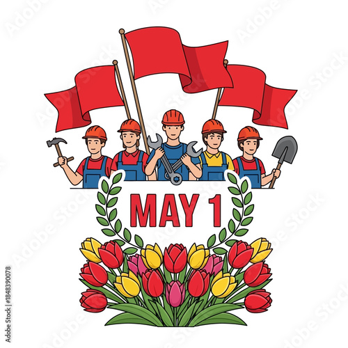 May Day Celebration with Workers and Floral Decorations.