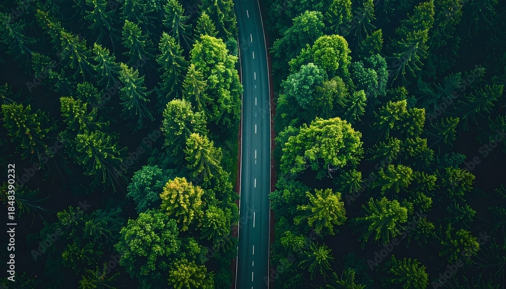 Obraz premium Aerial View of a Straight Road Cutting Through a Dense Green Forest.