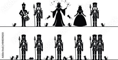 Nutcracker ballet silhouettes collection, fairy tale characters soldiers queen and mice, classic holiday story scene, isolated black vector illustration for festive theater design