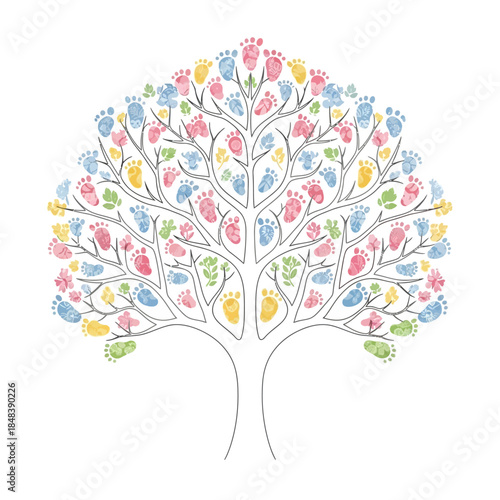 Colorful Footprint Tree Symbolizing Family and Growth with Footprints.