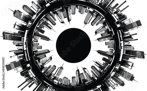 Abstract circular city skyline illustration, urban buildings panorama forming ring shape, futuristic metropolitan concept, isolated black and white vector design