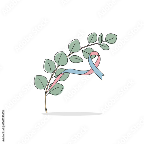 Eucalyptus branch with pink and blue awareness ribbon.